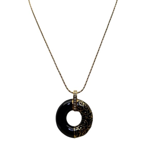 JBK Womens Gold Tone Donut Pendant Necklace With Black Enamel & Chain 18-22 Inch - Picture 1 of 6
